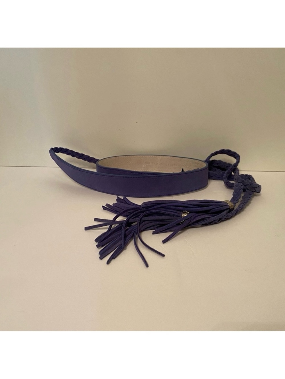 WHITE HOUSE BLACK MARKET NEW BELT BLUE SUEDE LEATHER BRAIDED FRINGE TIES Sz XS S